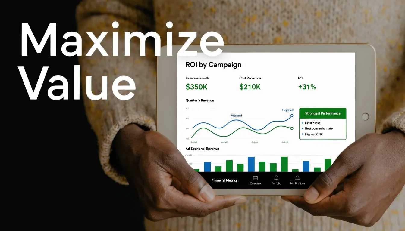 A person holding a tablet displaying business growth metrics, revenue charts, and return on investment statistics.
