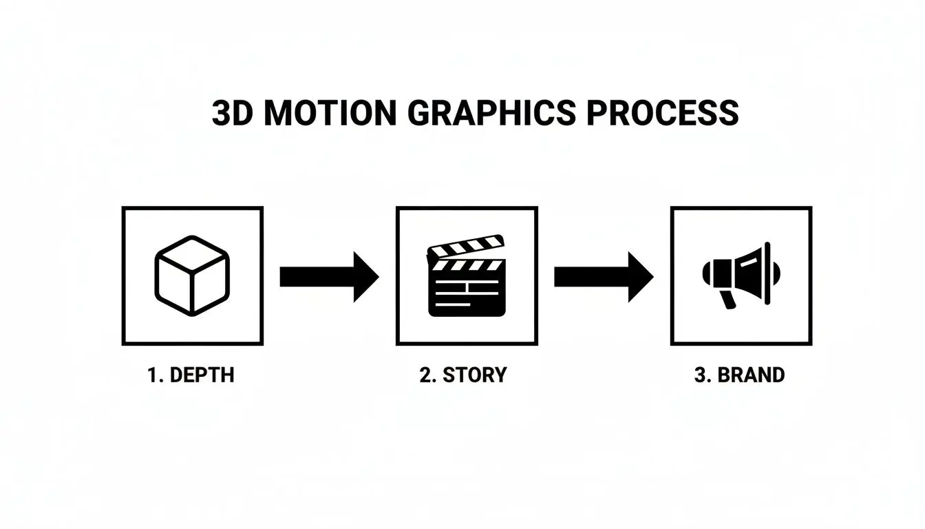 A simple black and white diagram illustrates the 3D motion graphics process with icons for depth, story, and brand.