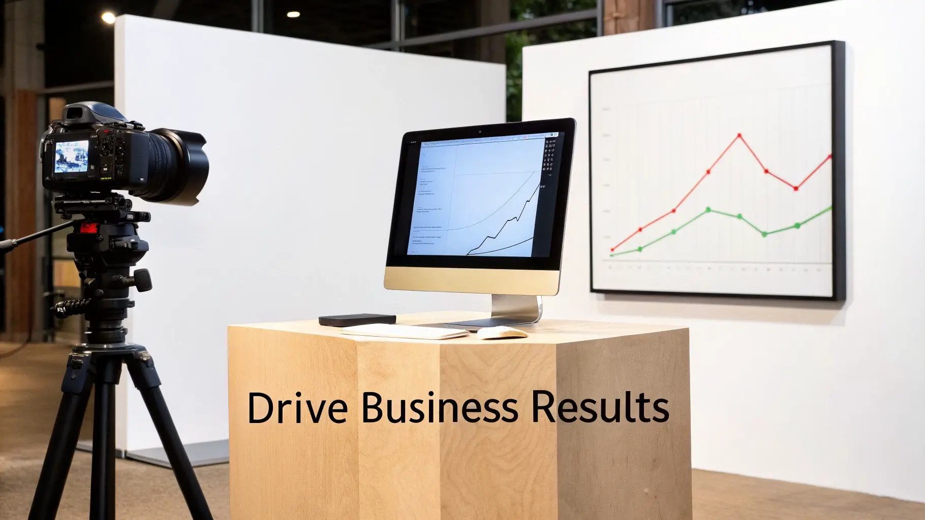 Professional studio setup with camera, computer displaying business graphs, and a framed chart on the wall.
