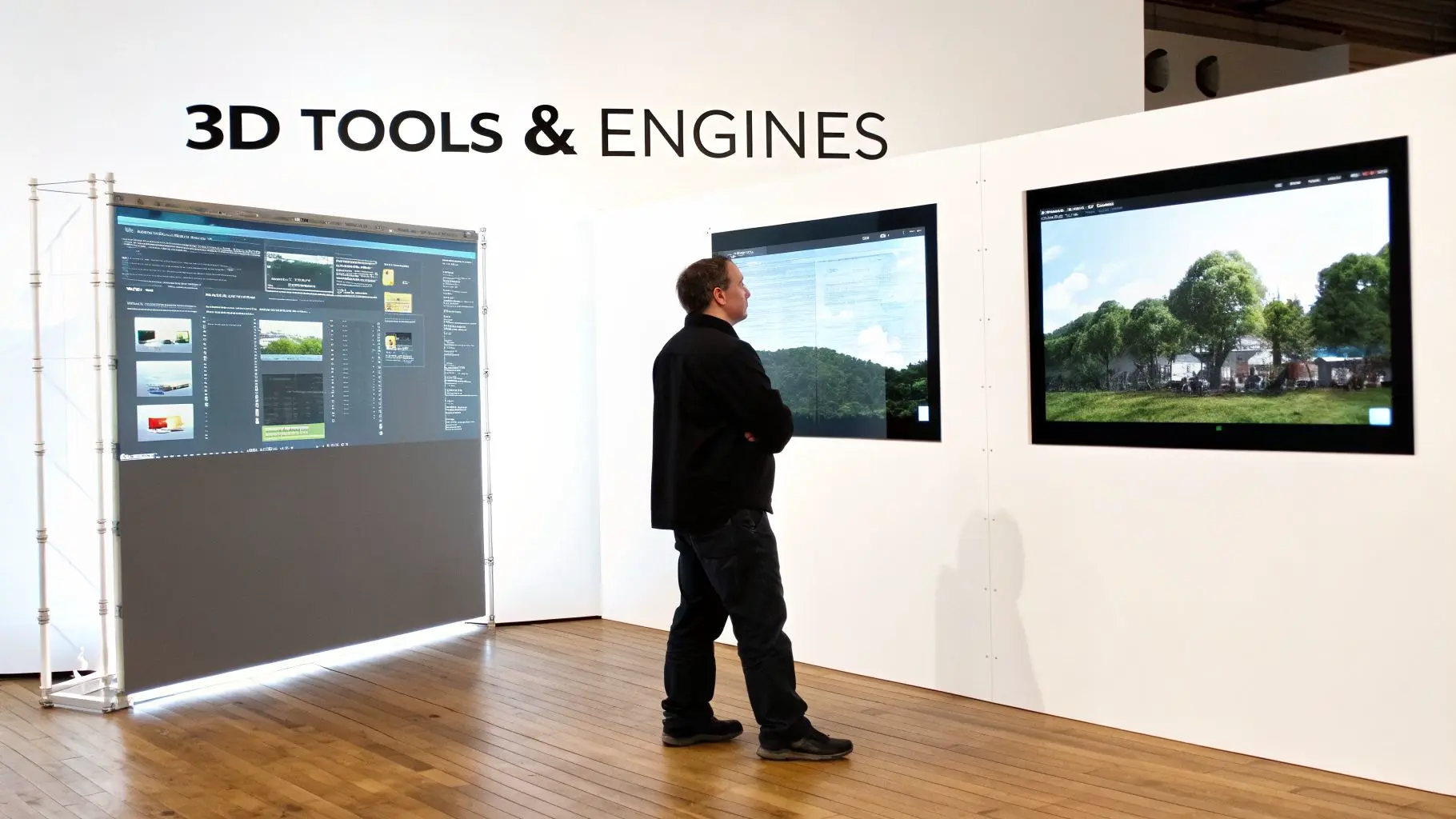 Man in a gallery observing multiple screens displaying 3D tools, interfaces, and rendered landscapes.