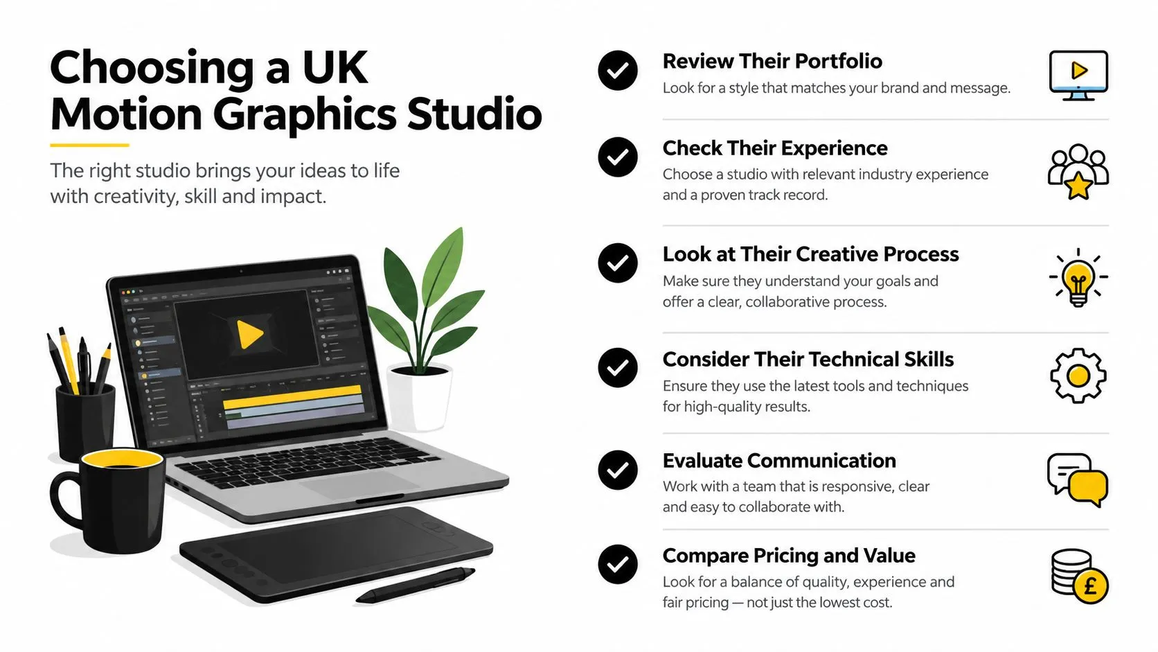 An infographic detailing six essential steps for choosing a professional UK motion graphics studio for your project.