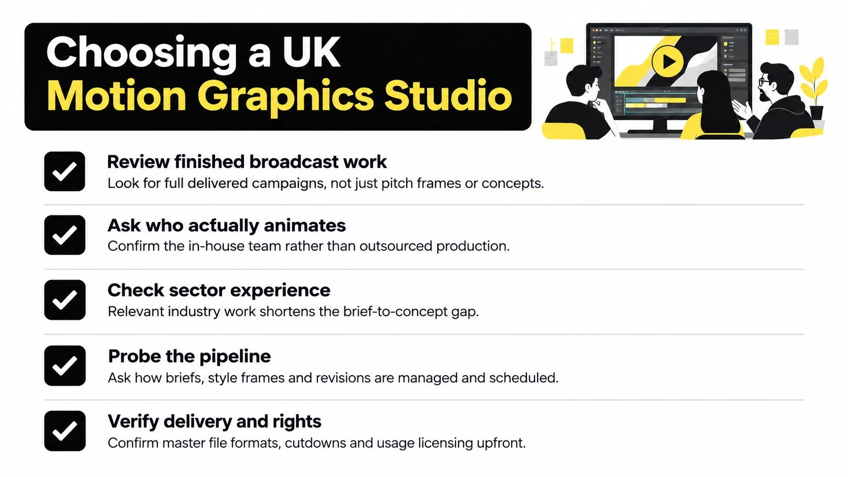 A checklist infographic titled Choosing a UK Motion Graphics Studio featuring five professional tips for selecting a studio.