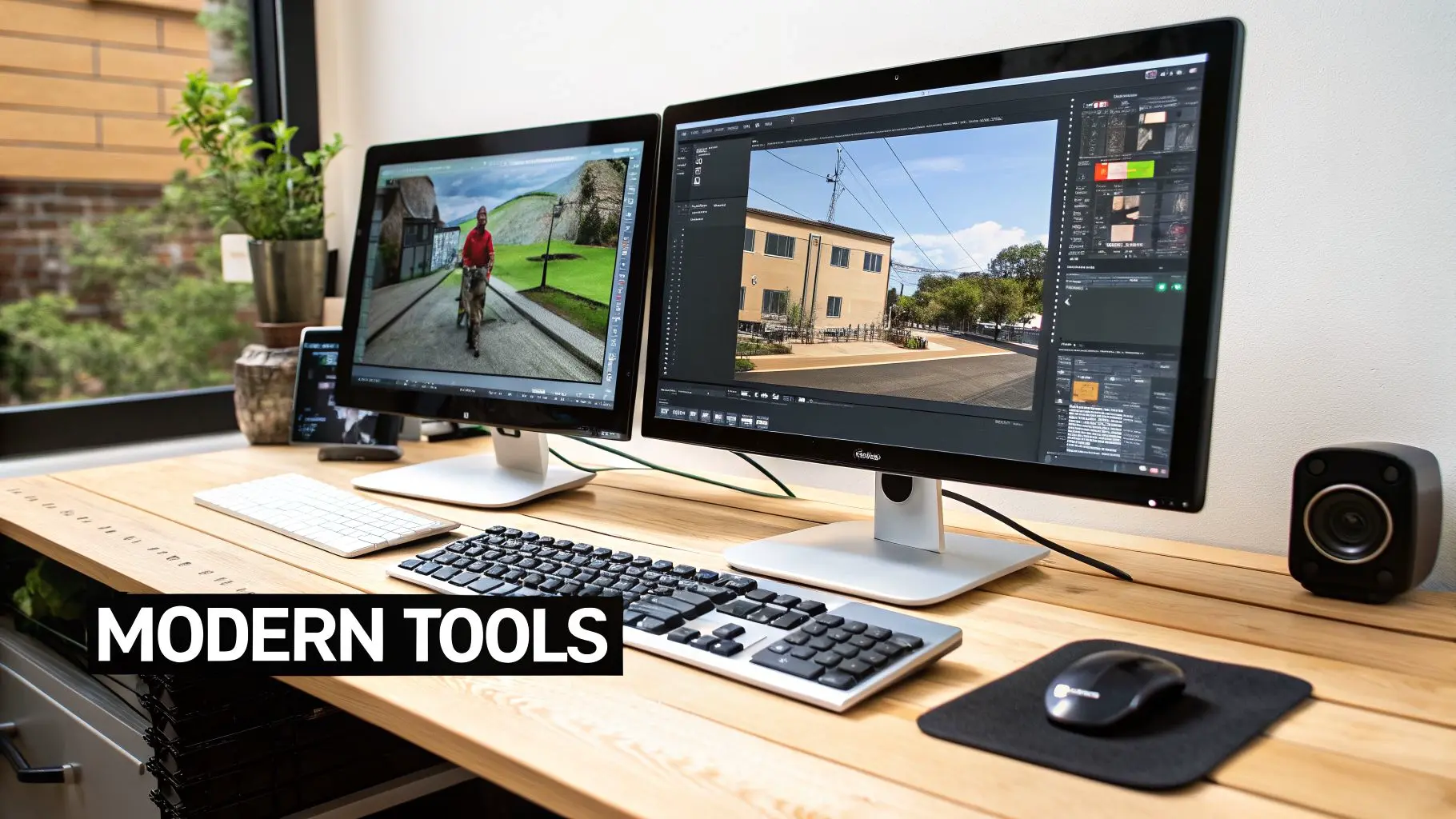 A modern workspace setup featuring two large monitors displaying 3D motion graphics software.