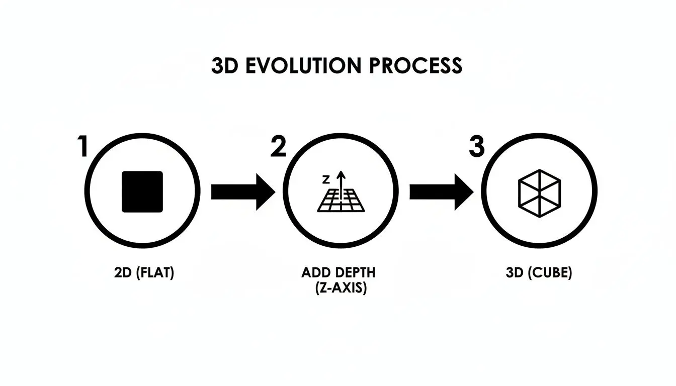 Diagram illustrating the 3D evolution process from a flat 2D square to a 3D cube by adding Z-axis depth.
