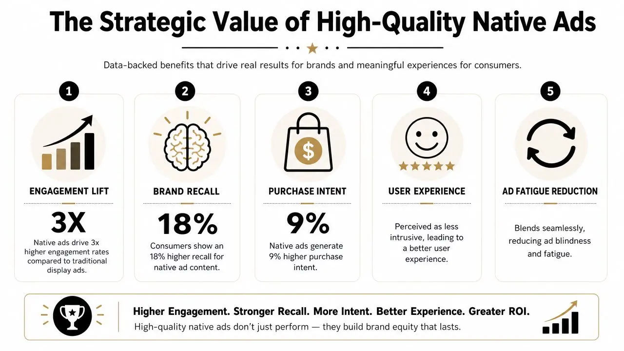 An infographic detailing five strategic business benefits of using high-quality native advertising for digital brands.