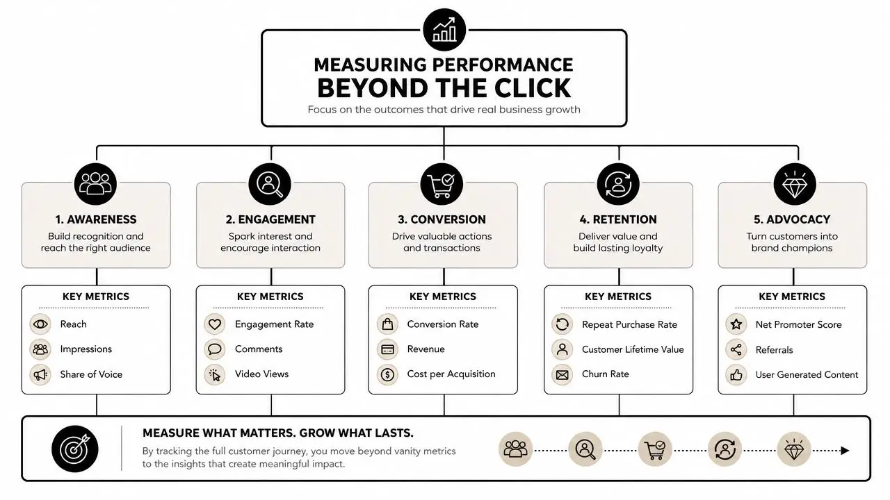 A diagram illustrating the five stages of customer journey: awareness, engagement, conversion, retention, and advocacy with metrics.