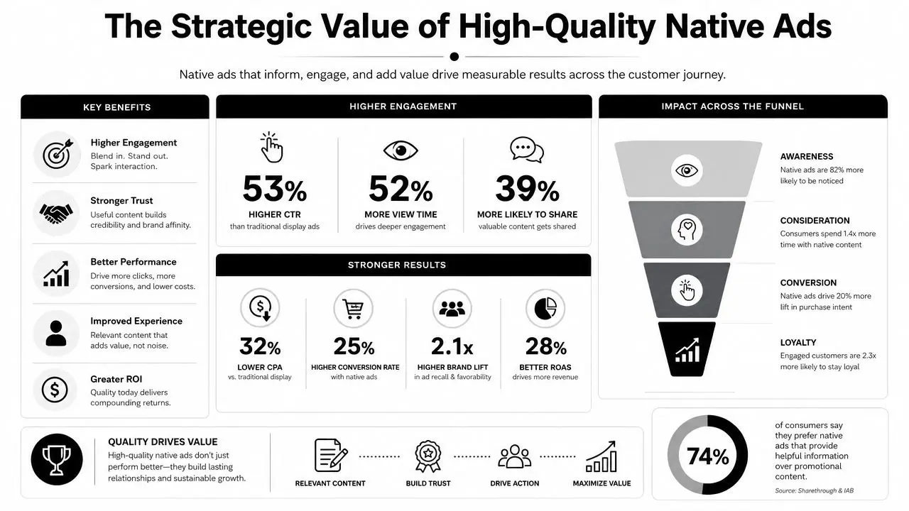 An infographic detailing the strategic benefits and performance metrics of using high-quality native advertising campaigns.