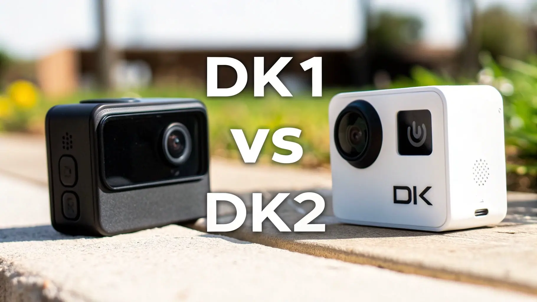Two action cameras, DK1 (black) and DK2 (white), displayed side-by-side for comparison.