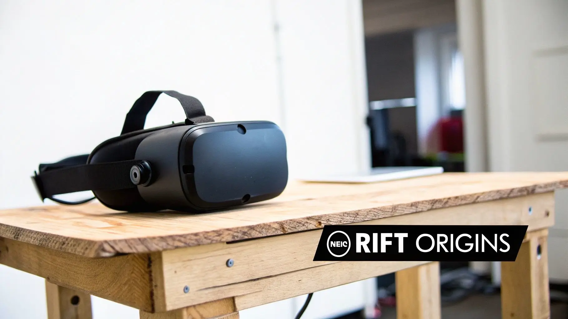 A black Oculus Rift VR headset sits on a rustic wooden table with a blurred background.