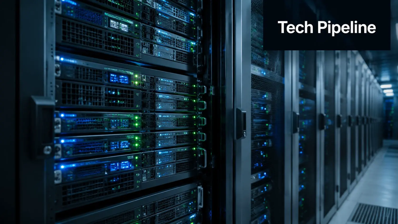 Rows of high-performance server racks with blinking lights in a modern, secure technology data center facility.