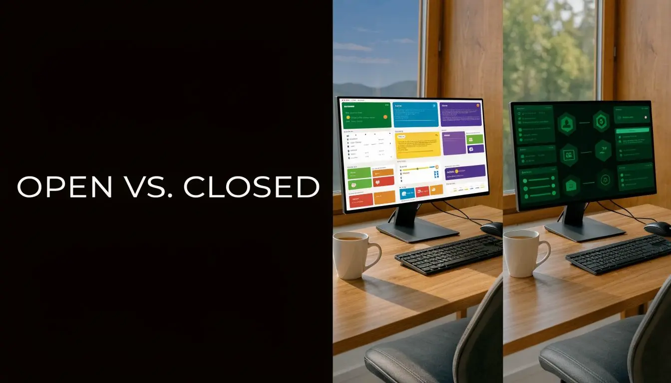 A split-screen comparison showing a colorful open interface versus a monochromatic closed secure system interface.