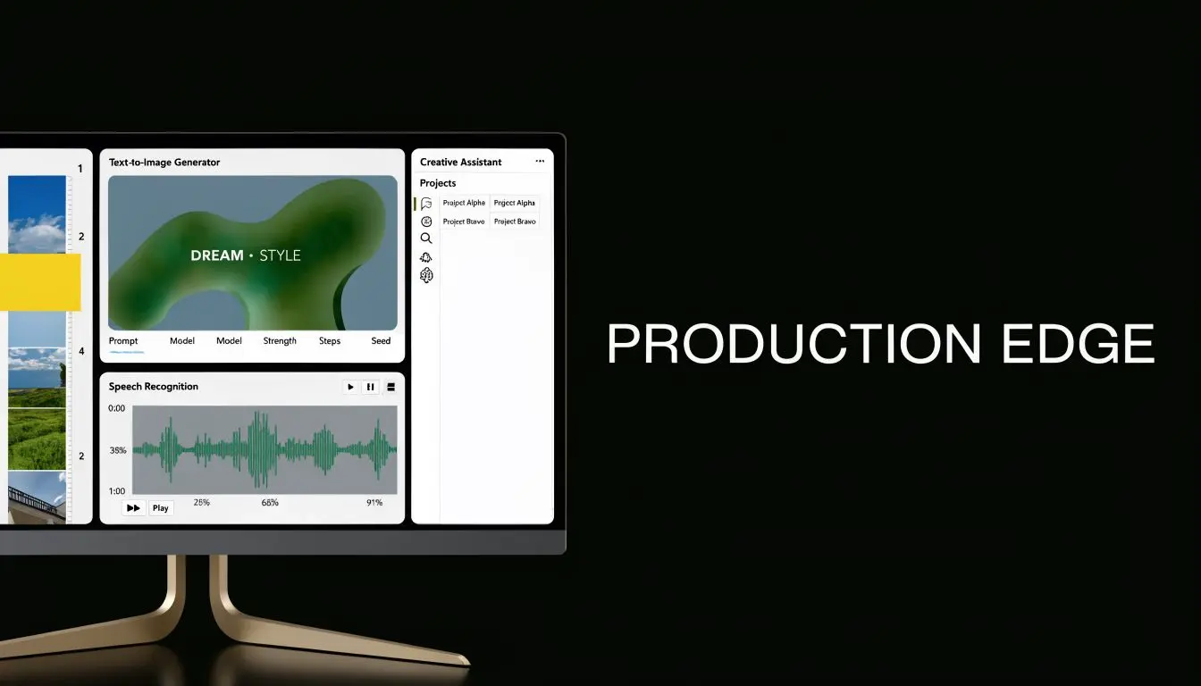 A sleek computer monitor displaying an open art AI interface with creative design tools and image generation.