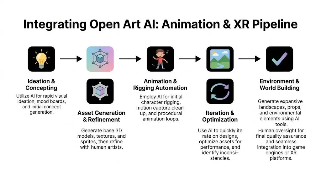A flowchart showing the five stages of an AI-powered animation and XR development pipeline workflow.