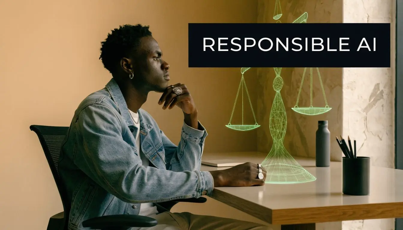A thoughtful young man sits at a desk next to a digital projection of scales of justice.