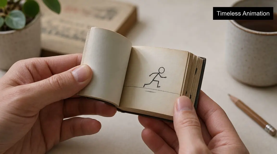 A person holding a small vintage flip book showing a hand-drawn stick figure running on the pages.