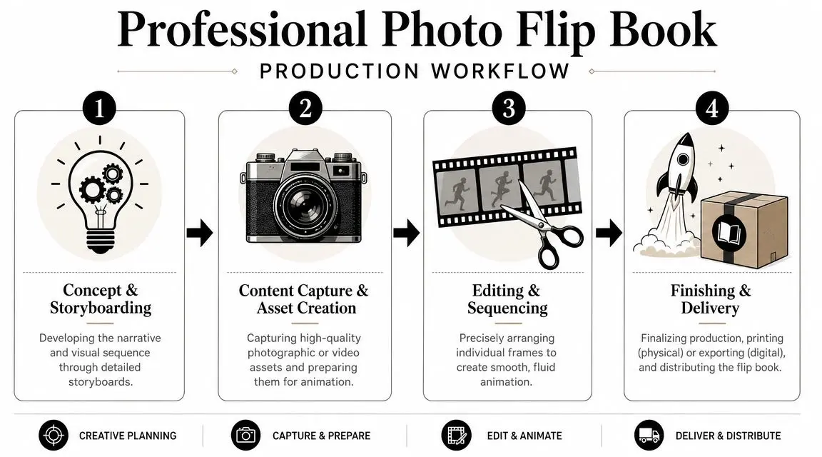 An infographic showing the four-step production workflow process for creating a professional photo flip book.