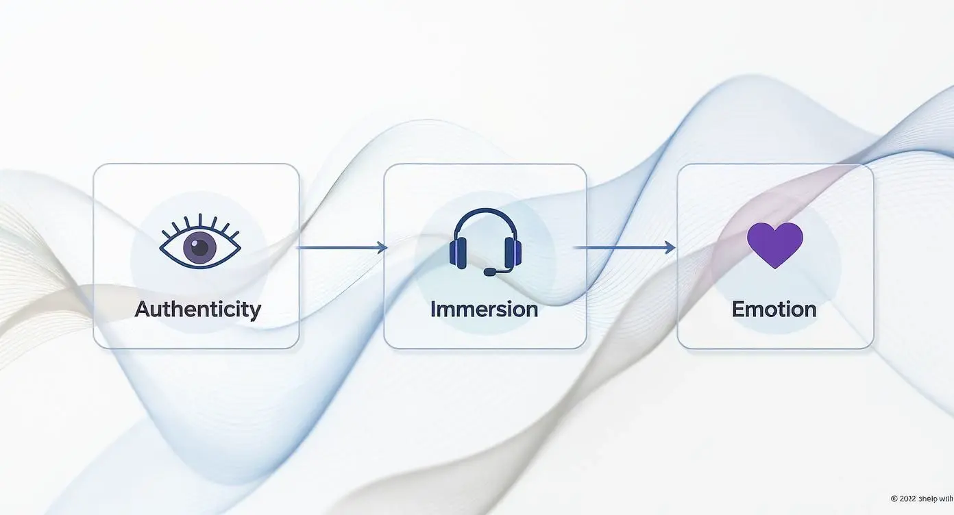 A diagram illustrating the progression from authenticity (eye icon) to immersion (headset), leading to emotion (heart icon).