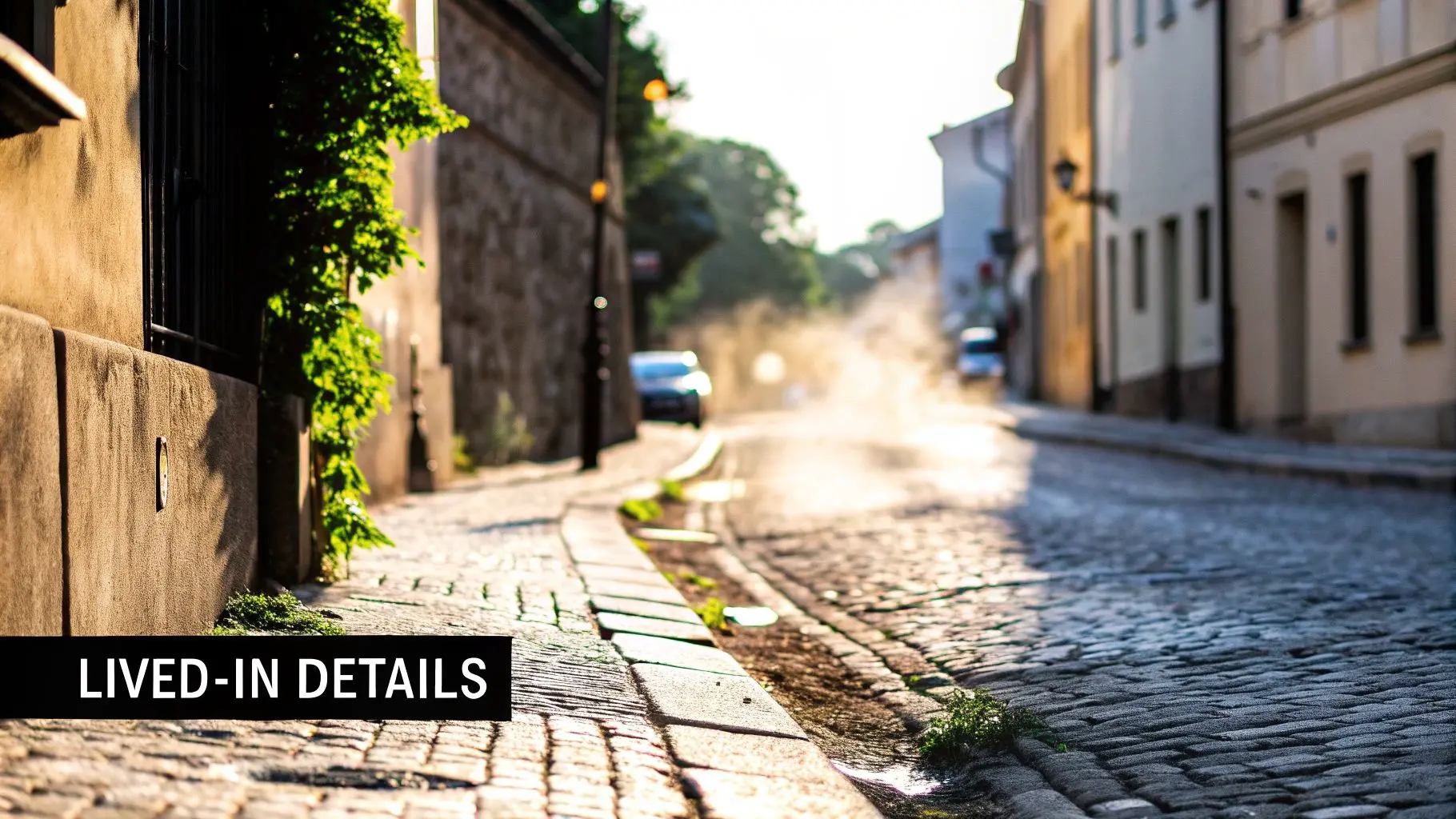 A rustic cobblestone street bathed in golden sunlight, featuring old buildings and lush green ivy.