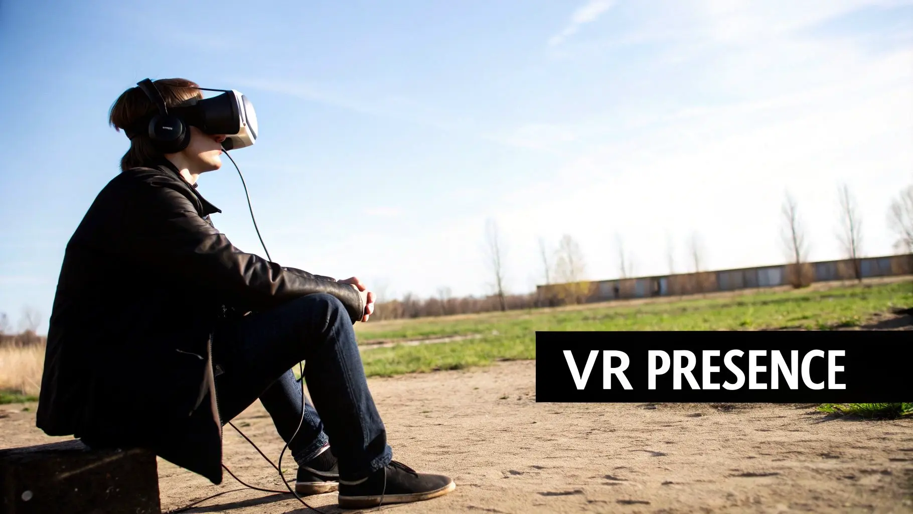 A person sits outdoors wearing a VR headset and headphones, deeply immersed in a virtual reality experience.