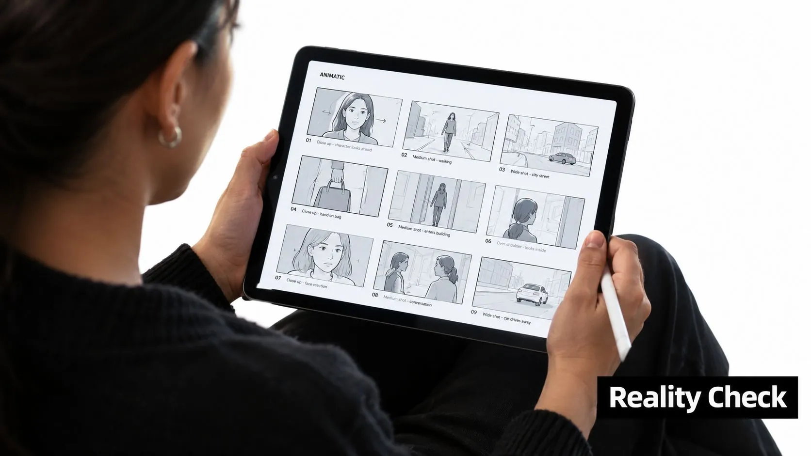 A person holding a tablet displaying a storyboard for an animated film titled Animatic.