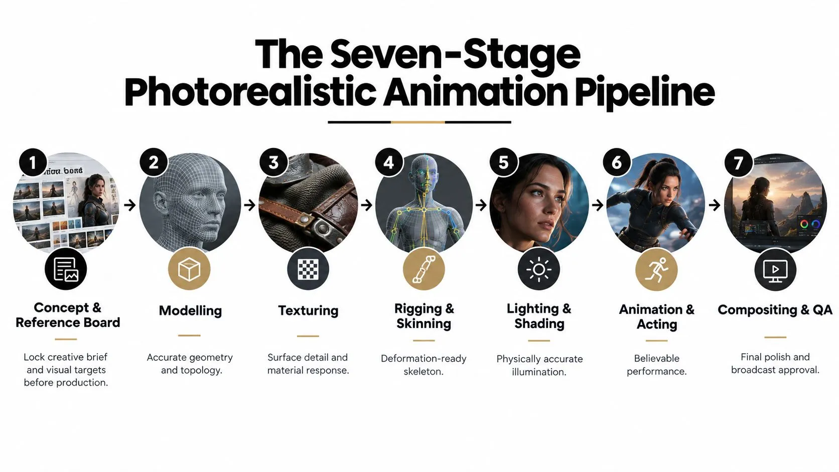 A diagram outlining the seven stages of a photorealistic animation pipeline, from concept to final compositing.