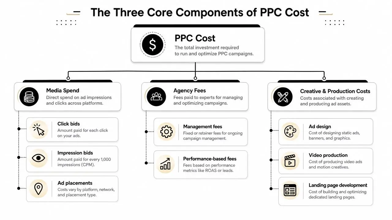 An infographic illustrating the three core components of PPC advertising costs: media spend, agency fees, and creative production.