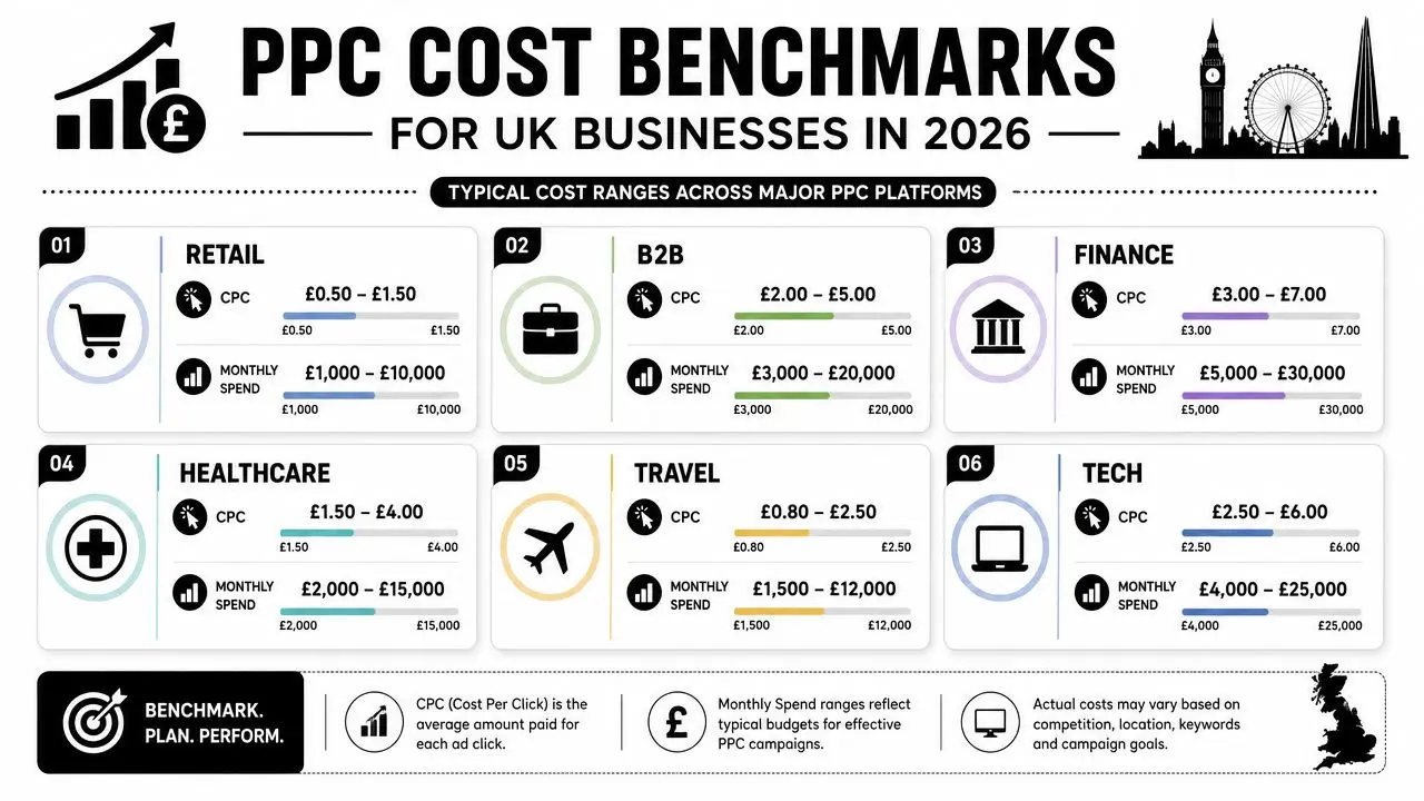 A visual chart showing 2026 PPC advertising cost benchmarks for various industries across the United Kingdom.