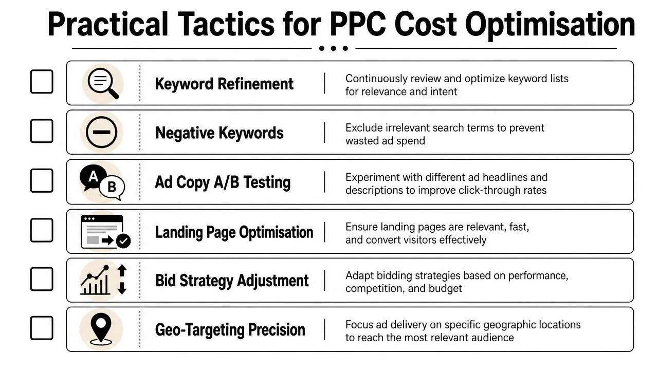 A checklist infographic titled Practical Tactics for PPC Cost Optimisation detailing six effective digital marketing strategies.