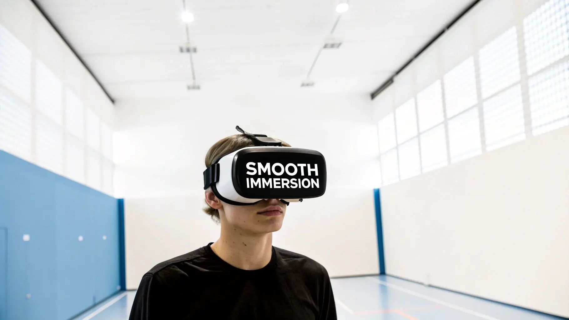 A young person wears a VR headset displaying 'SMOOTH IMMERSION' in a bright, empty sports hall.