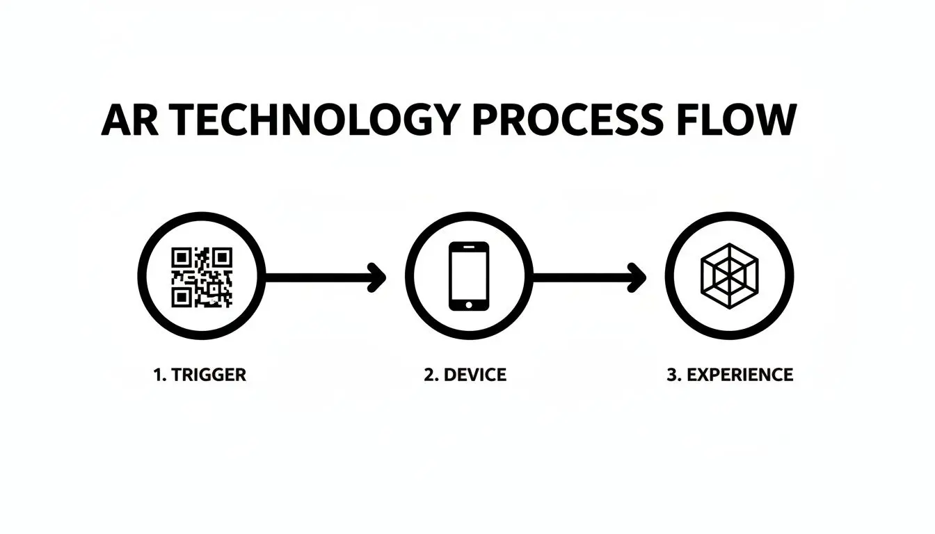 A black and white infographic detailing the AR technology process flow: trigger (QR code), device (smartphone), and experience (3D object).