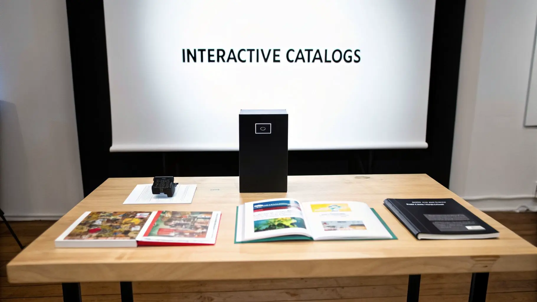 A black interactive device on a wooden table with open catalogs and a screen displaying 'INTERACTIVE CATALOGS'.