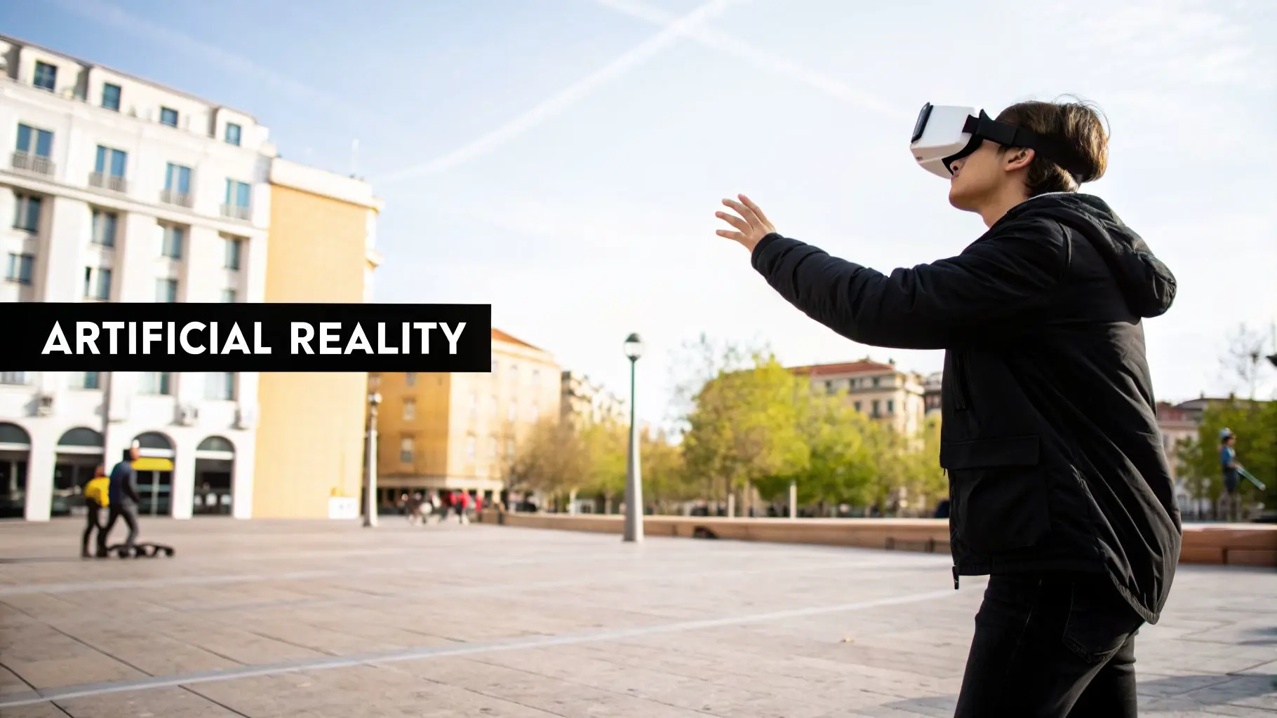 A person in a black jacket and VR headset extends an arm in a sunny city square, artificial reality text.