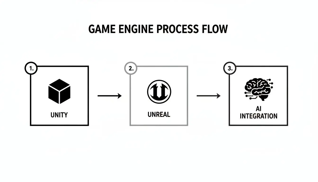 A diagram illustrating a game engine process flow from Unity to Unreal to AI integration.