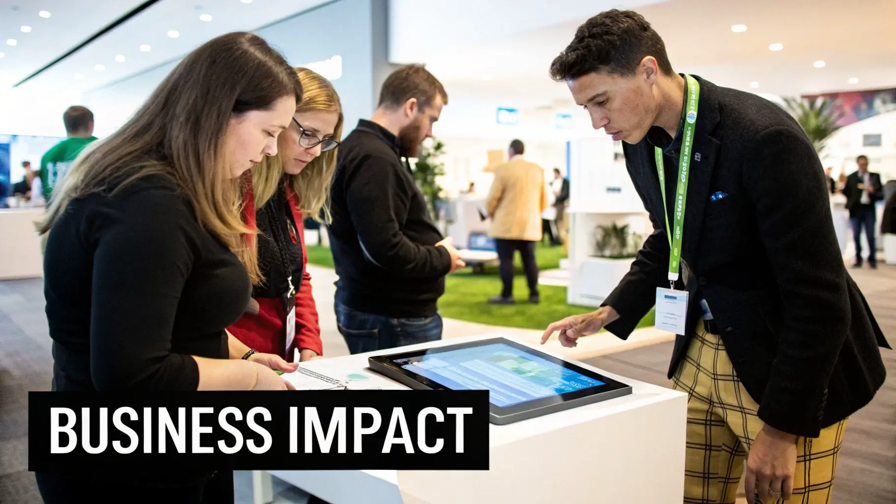 Professionals engage with an interactive digital display at a modern business conference or event.