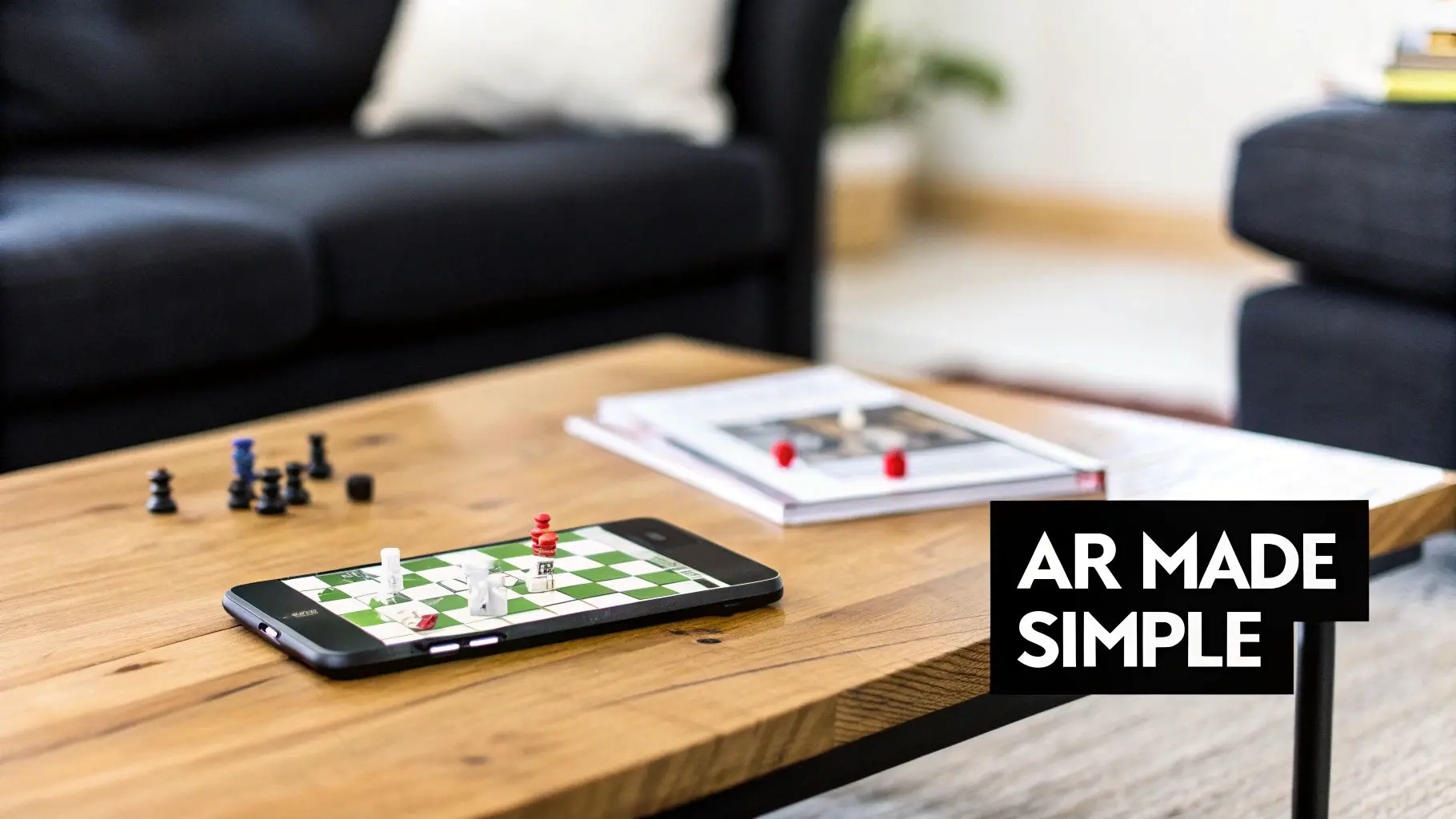 A smartphone on a wooden coffee table displays an augmented reality chess game, with physical and virtual pieces.