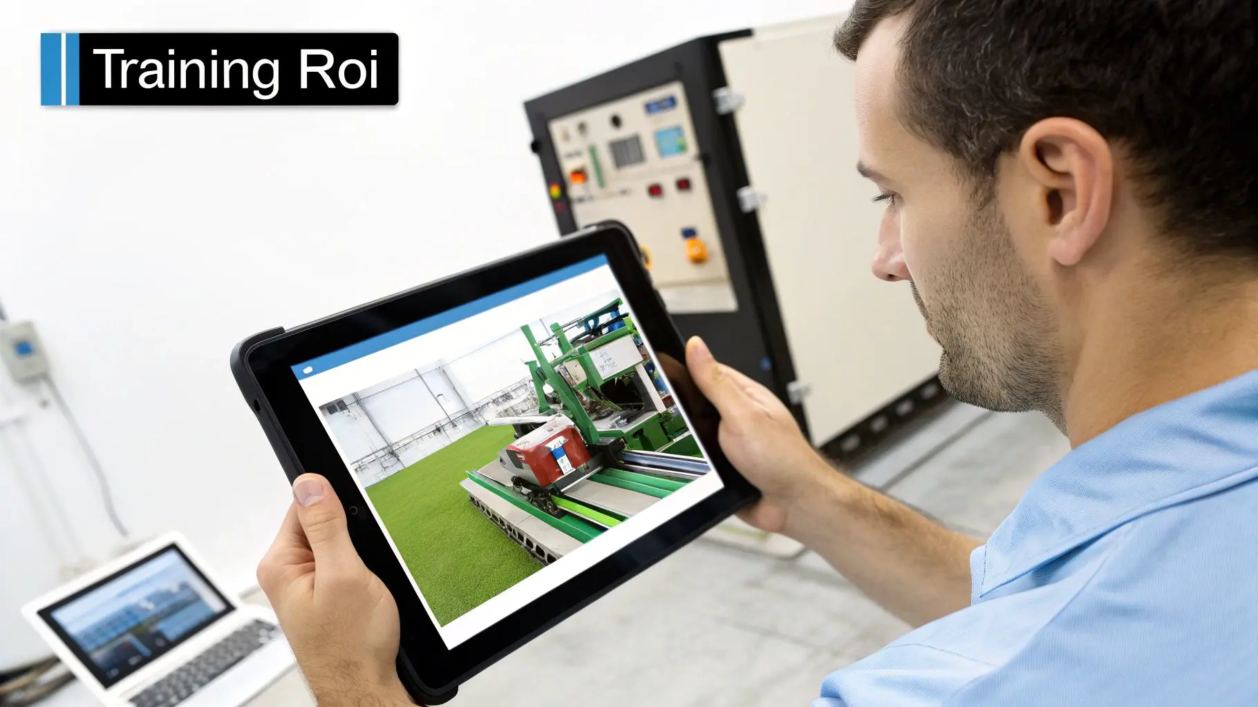 Man in a blue shirt uses a tablet displaying industrial machinery, with 'Training ROI' text.