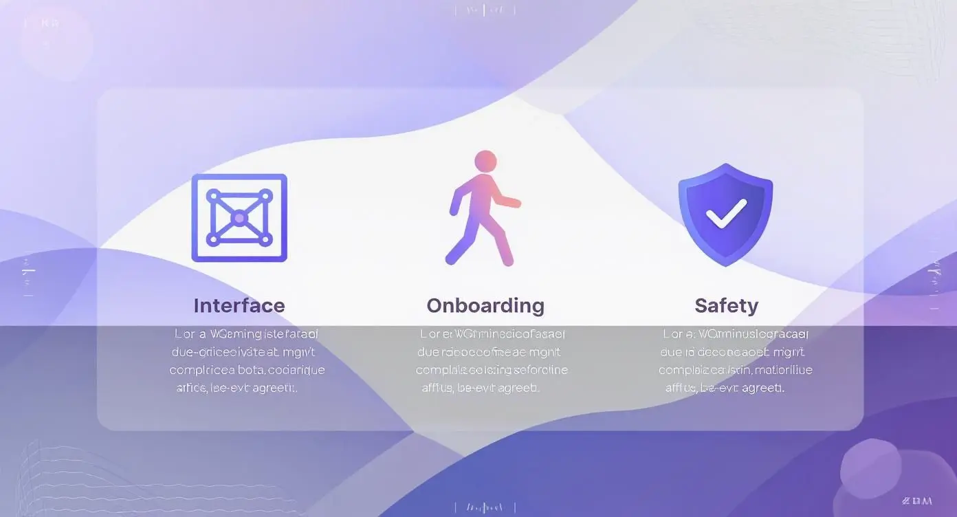 Three modern sections detailing Interface, Onboarding, and Safety features with corresponding purple icons.