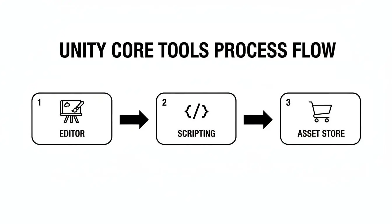 A process flow diagram illustrating Unity Core Tools: Editor, Scripting, and Asset Store.