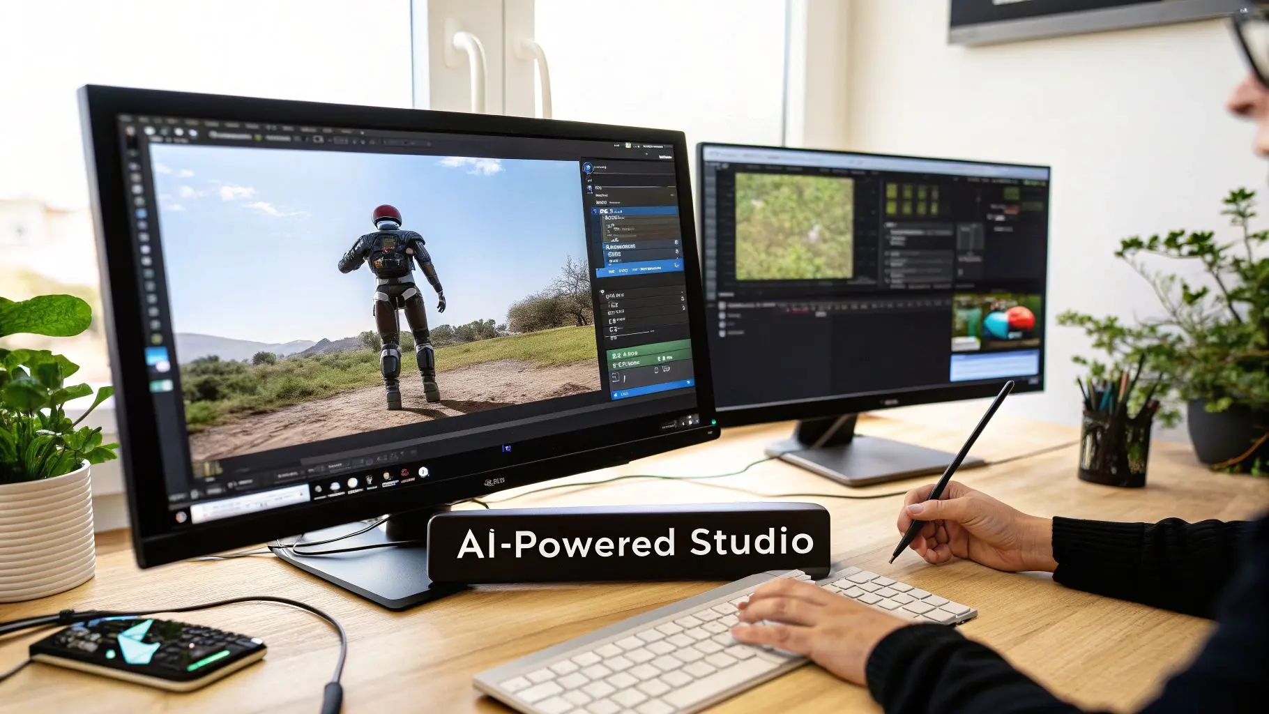 A person works in an AI-powered studio, developing 3D content and editing on dual monitors.