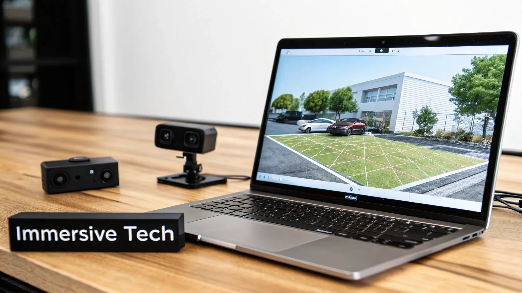 Laptop displaying an augmented reality parking lot simulation with depth cameras and an 'Immersive Tech' block.