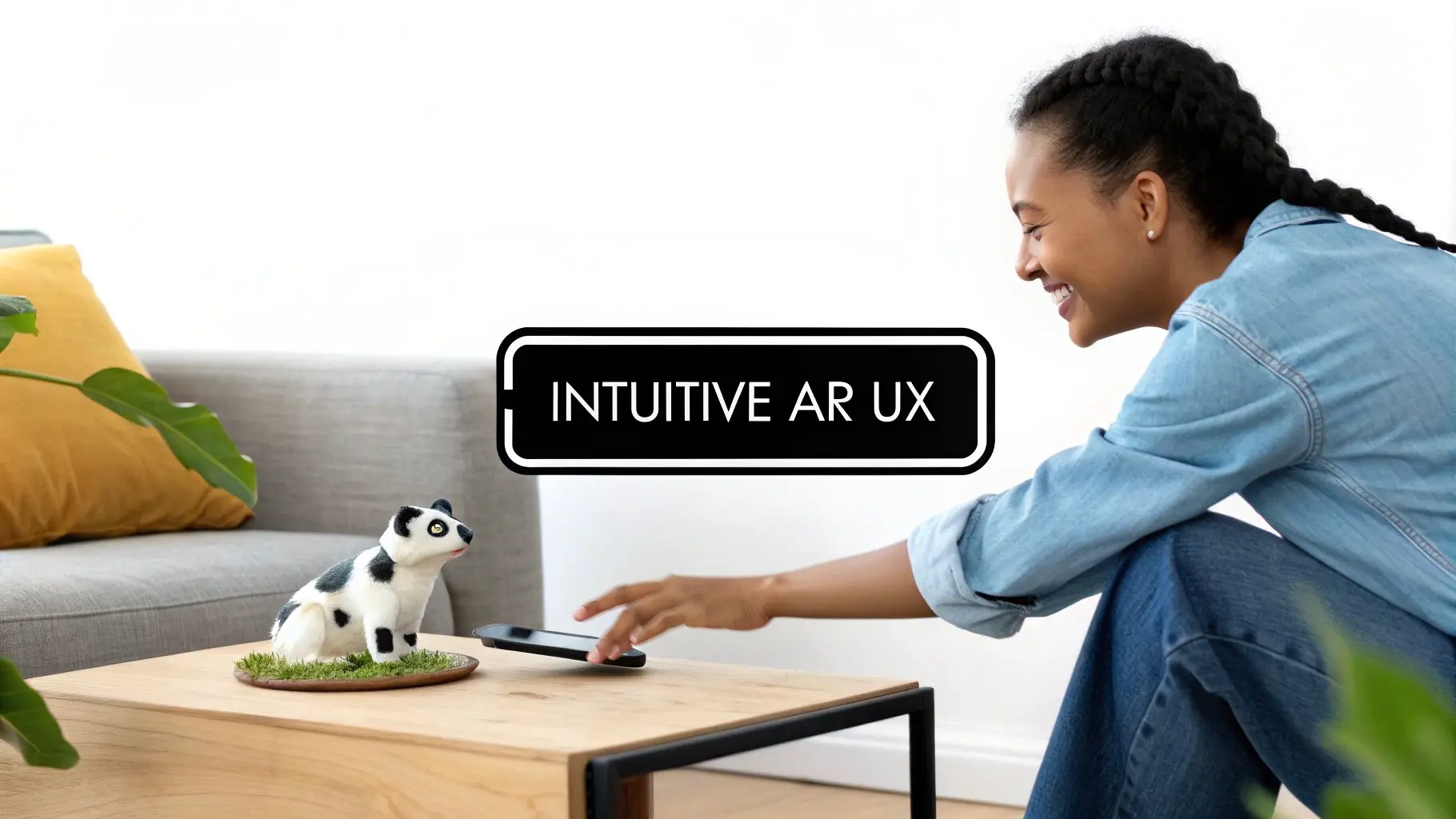 A smiling woman reaching for a smartphone on a table next to an animal figurine, showcasing AR UX.