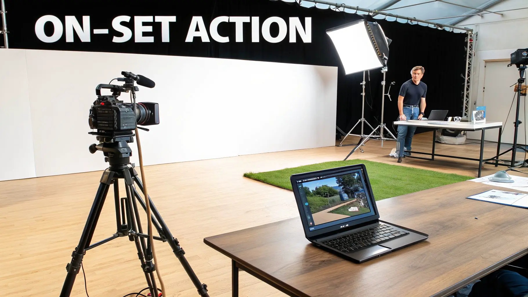 On-set action with a camera, lights, a man, and a laptop showing virtual production.