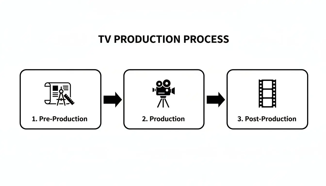 A flowchart illustrating the three main stages of the TV production process: pre-production, production, and post-production.