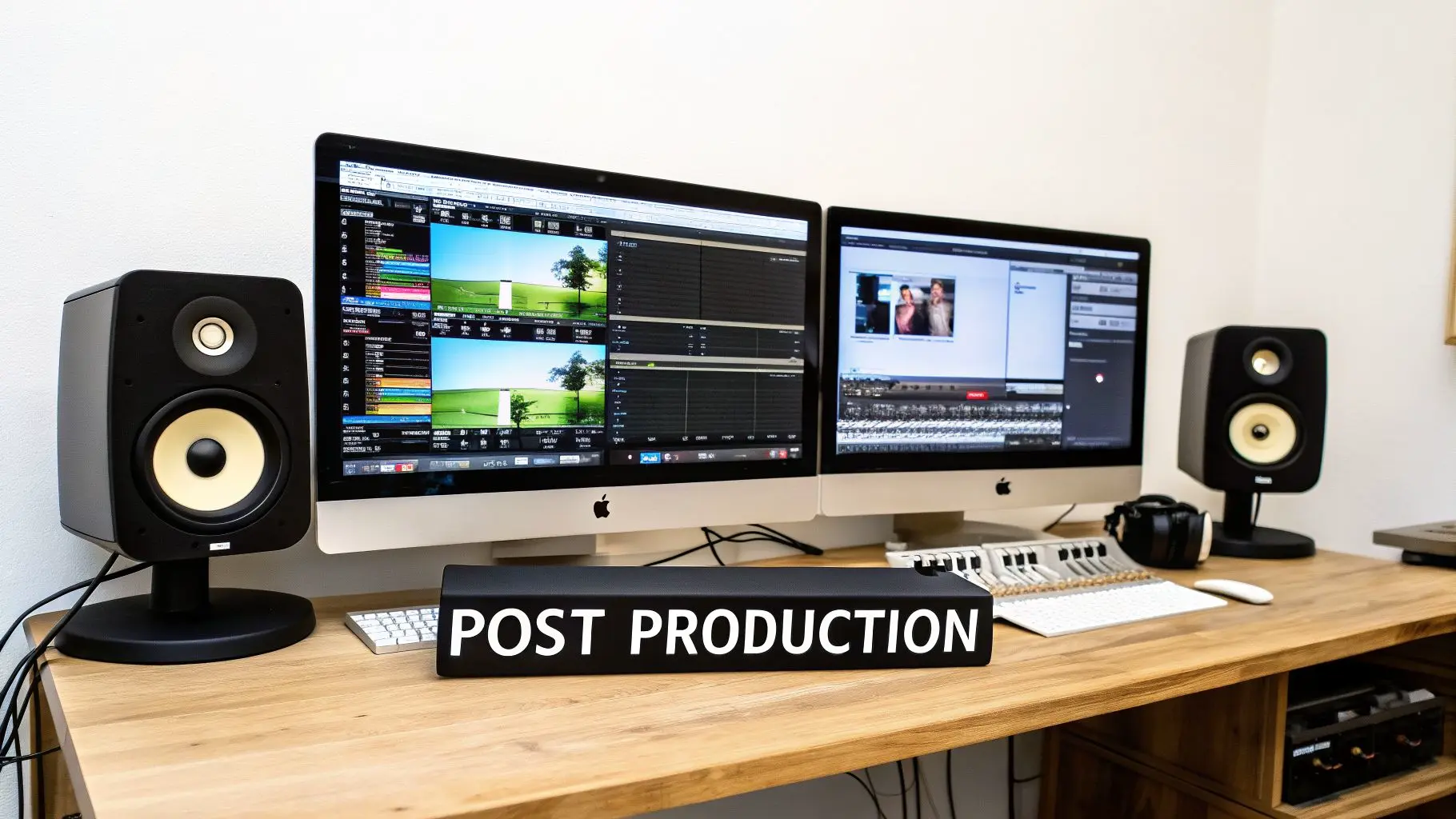 A professional post-production studio setup with two iMacs, audio monitors, and keyboards on a wooden desk.