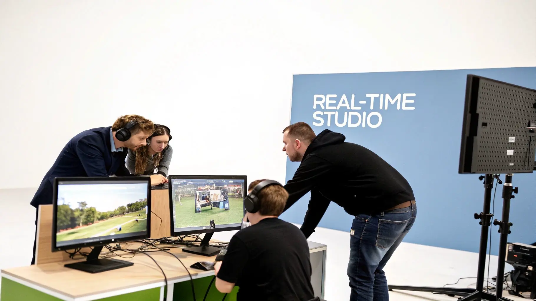 People in headphones look at computer screens displaying real-time graphics in a studio.