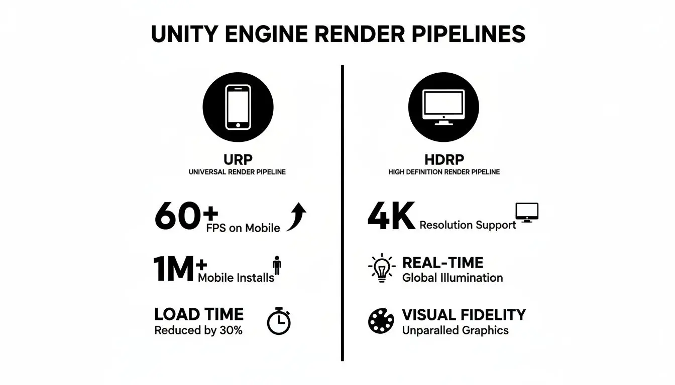 Comparison of Unity Engine's URP and HDRP render pipelines, highlighting features for mobile and high-fidelity.