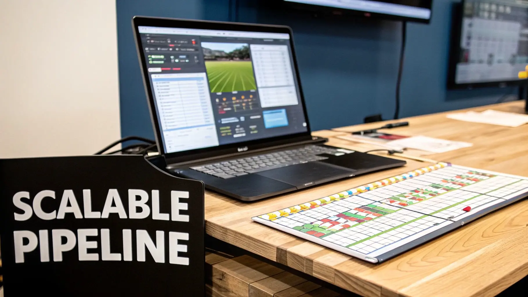 Modern workspace with a laptop running game development software, a 'SCALABLE PIPELINE' sign, and a planning board.