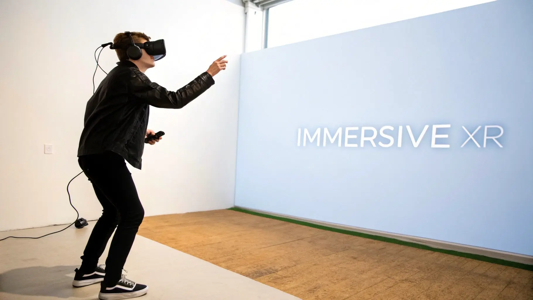 A person wearing a VR headset and holding a controller interacts with a display that says IMMERSIVE XR