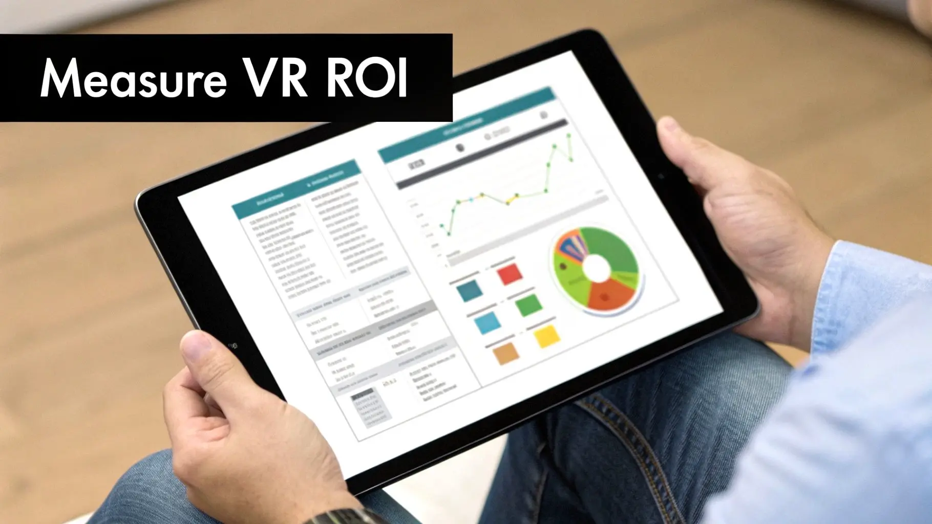 A person holds a tablet displaying charts and graphs, with a 'Measure VR ROI' banner.