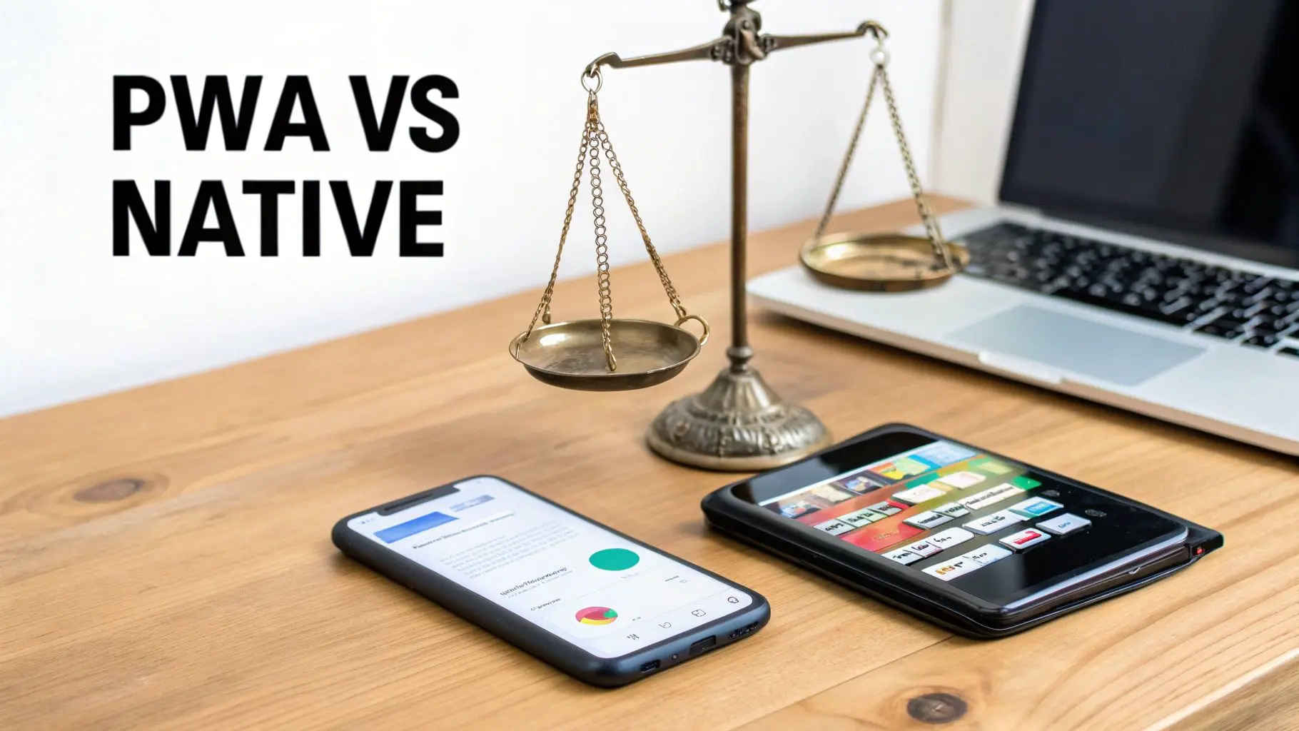 Balance scale comparing PWA vs Native apps with two phones and a laptop on a wooden desk.